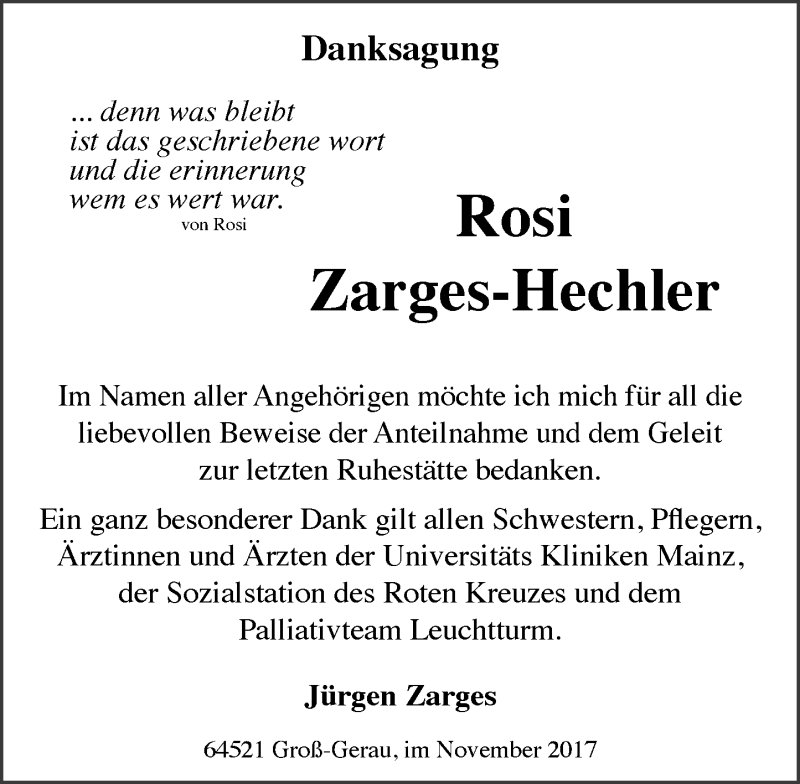  Traueranzeige für Rosi Zarges-Hechler vom 18.11.2017 aus Trauerportal Echo Online