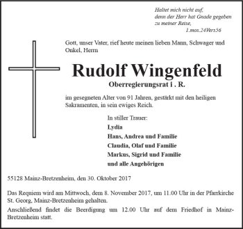 Traueranzeige von Rudolf Wingenfeld von Trauerportal Rhein Main Presse