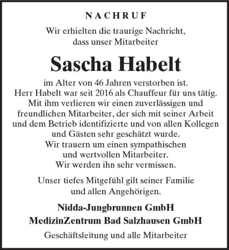  Traueranzeige für Sascha Habelt vom 11.11.2017 aus  Kreisanzeiger
