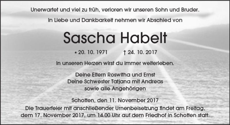  Traueranzeige für Sascha Habelt vom 11.11.2017 aus  Kreisanzeiger