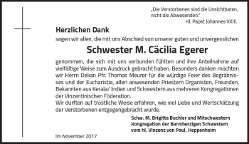 Traueranzeige von Schwester M. Cäcilia Egerer von Trauerportal Echo Online