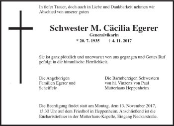Traueranzeige von Schwester M. Cäcilia Egerer von Trauerportal Echo Online