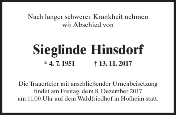 Traueranzeige von Sieglinde Hinsdorf von Trauerportal Rhein Main Presse