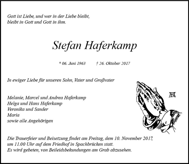  Traueranzeige für Stefan Haferkamp vom 04.11.2017 aus Trauerportal Echo Online