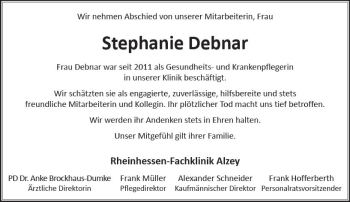 Traueranzeige von Stephanie Debnar von Trauerportal Rhein Main Presse