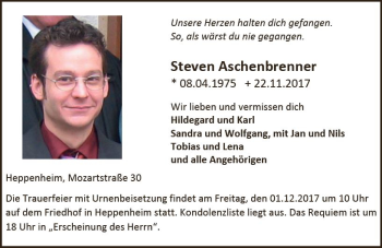 Traueranzeige von Steven Aschenbrenner von Trauerportal Echo Online