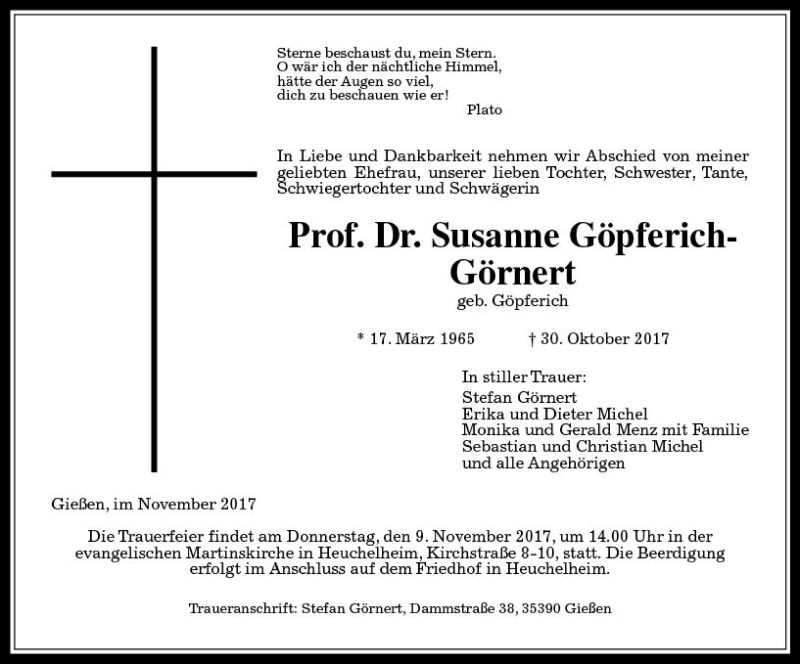  Traueranzeige für Susanne Göpferich-Görnert vom 04.11.2017 aus  Gießener Anzeiger
