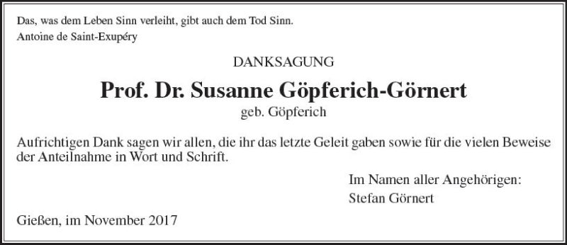  Traueranzeige für Susanne Göpferich-Görnert vom 25.11.2017 aus  Gießener Anzeiger