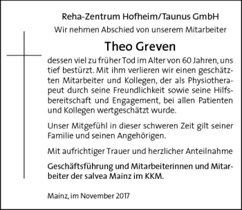 Traueranzeige von Theo Greven von Trauerportal Rhein Main Presse
