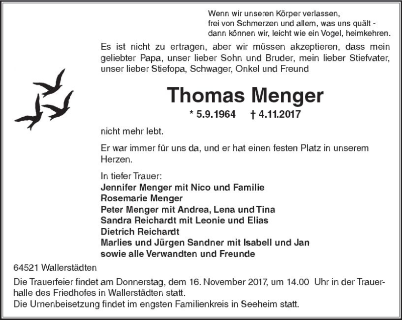  Traueranzeige für Thomas Menger vom 14.11.2017 aus Trauerportal Echo Online