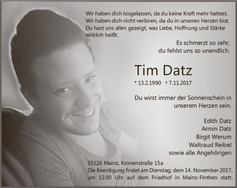  Traueranzeige für Tim Datz vom 11.11.2017 aus Trauerportal Rhein Main Presse