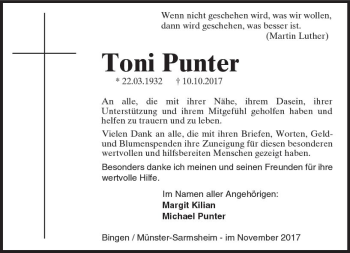 Traueranzeige von Toni Punter von Trauerportal Rhein Main Presse