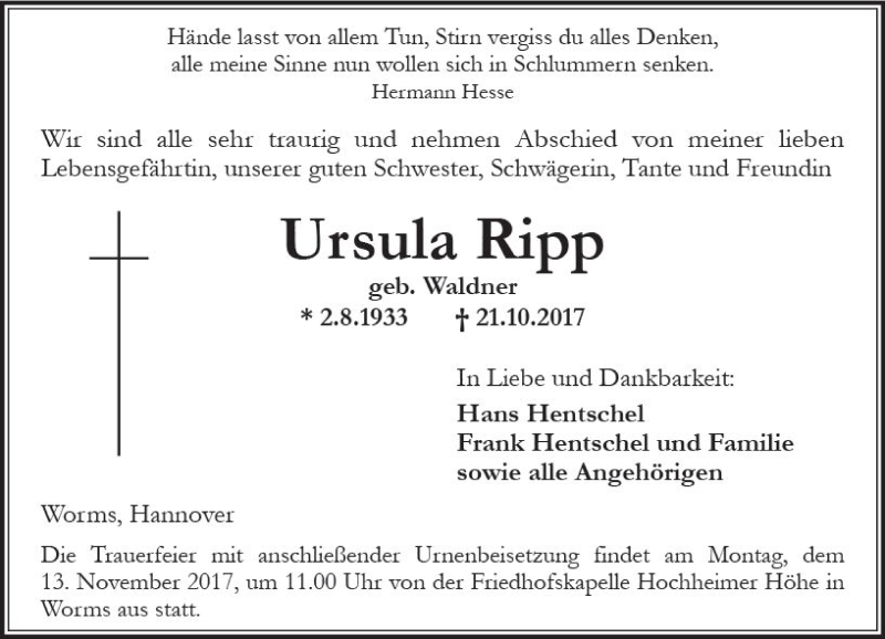 Traueranzeige für Ursula Ripp vom 10.11.2017 aus Trauerportal Rhein Main Presse