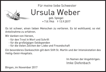 Traueranzeige von Ursula Weber von Trauerportal Rhein Main Presse