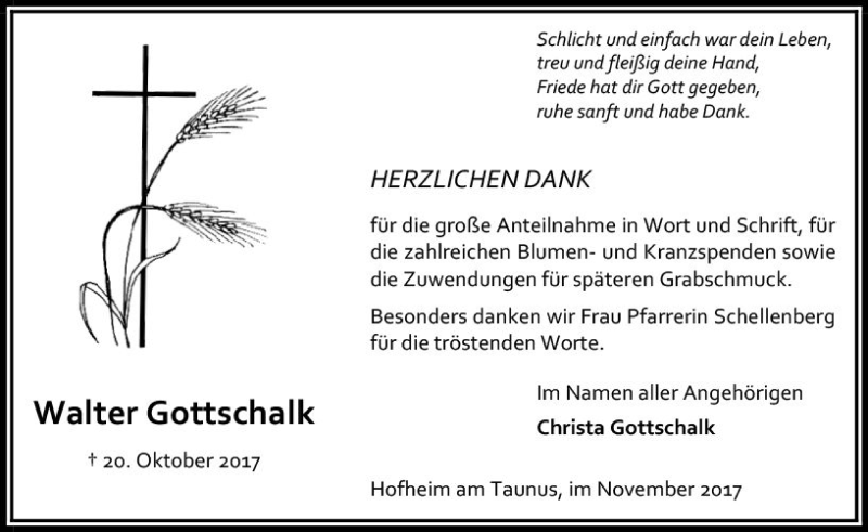  Traueranzeige für Walter Gottschalk vom 24.11.2017 aus Trauerportal Rhein Main Presse