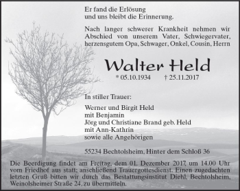 Traueranzeige von Walter Held von Trauerportal Rhein Main Presse