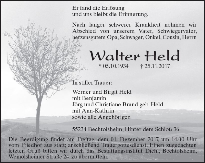  Traueranzeige für Walter Held vom 29.11.2017 aus Trauerportal Rhein Main Presse