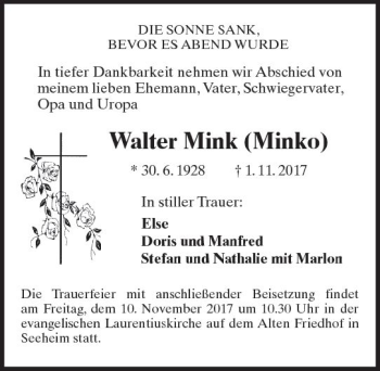 Traueranzeige von Walter Mink von Trauerportal Echo Online