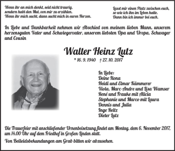 Traueranzeige von Walter Heinz Lutz von  Gießener Anzeiger