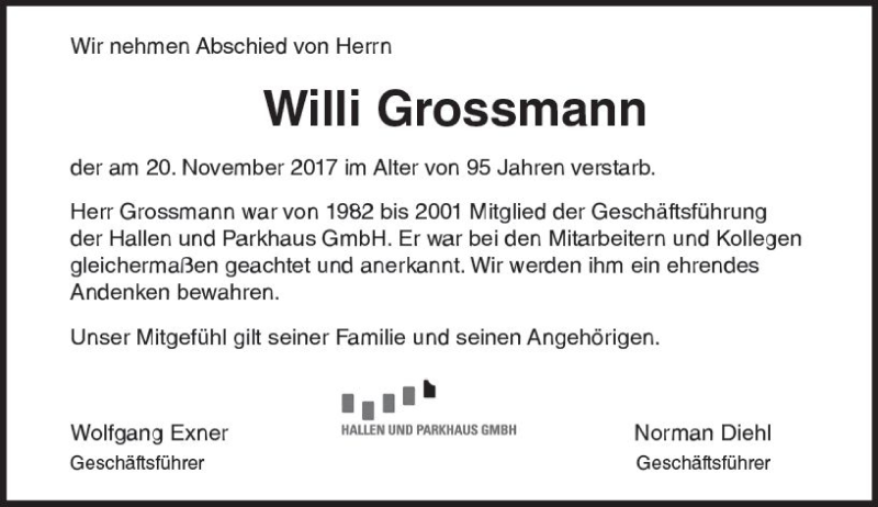  Traueranzeige für Willi Grossmann vom 24.11.2017 aus Trauerportal Rhein Main Presse