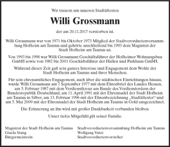 Traueranzeige von Willi Grossmann von Trauerportal Rhein Main Presse