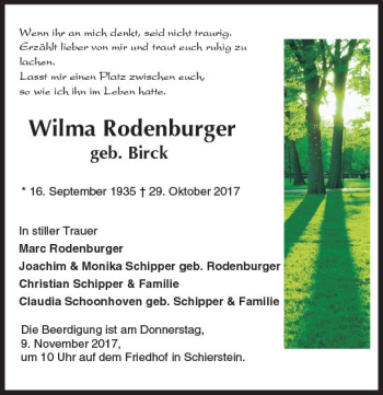 Traueranzeige von Wilma Rodenburger von Trauerportal Rhein Main Presse