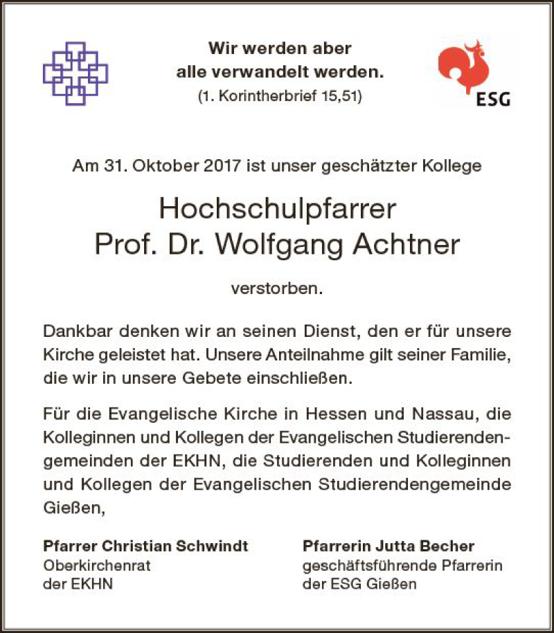  Traueranzeige für Wolfgang Achtner vom 04.11.2017 aus  Gießener Anzeiger