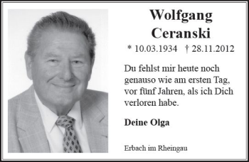 Traueranzeige von Wolfgang Ceranski von Trauerportal Rhein Main Presse