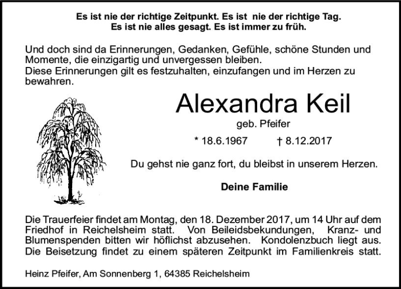  Traueranzeige für Alexandra Keil vom 14.12.2017 aus Trauerportal Echo Online