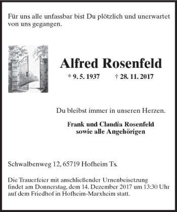 Traueranzeige von Alfred Rosenfeld von Trauerportal Rhein Main Presse