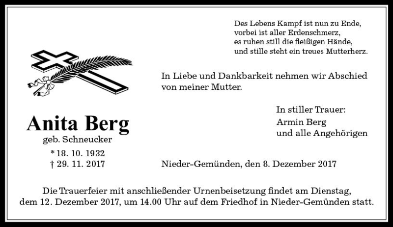  Traueranzeige für Anita Berg vom 08.12.2017 aus VRM Trauer