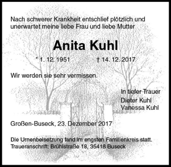 Traueranzeige von Anita Kuhl von  Gießener Anzeiger
