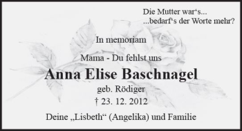 Traueranzeige von Anna Elise Baschnagel von  Gießener Anzeiger