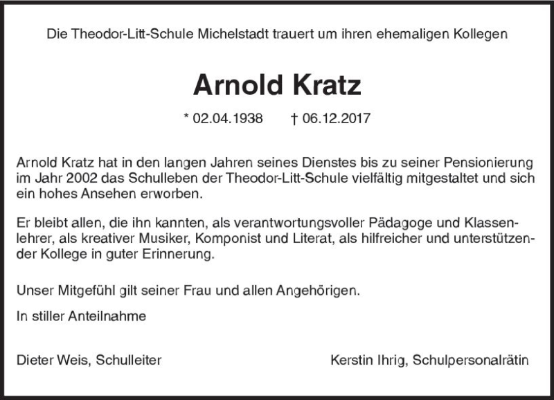  Traueranzeige für Arnold Kratz vom 12.12.2017 aus Trauerportal Echo Online