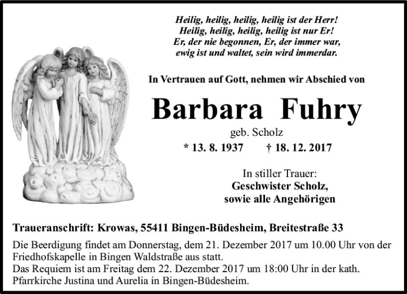  Traueranzeige für Barbara Fuhry vom 20.12.2017 aus Trauerportal Rhein Main Presse