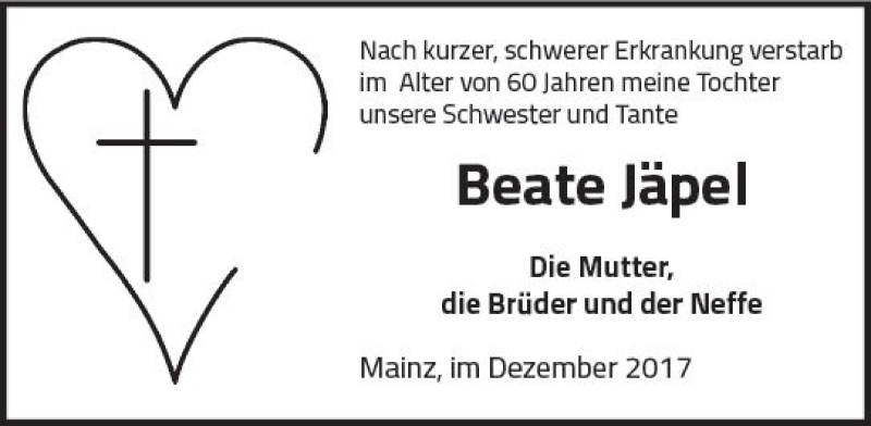  Traueranzeige für Beate Jäpel vom 16.12.2017 aus Trauerportal Rhein Main Presse