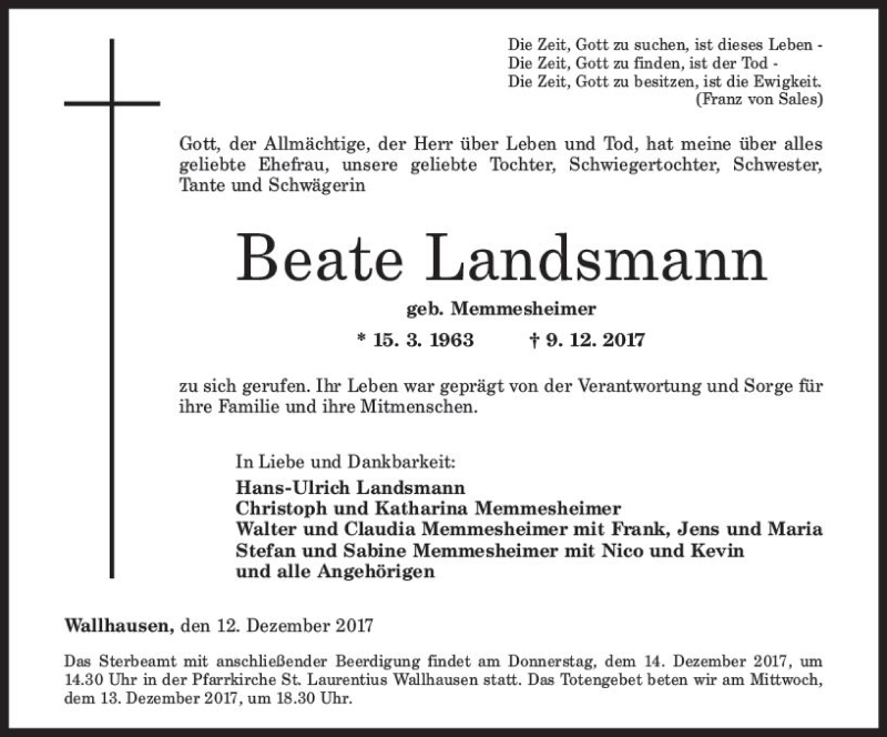  Traueranzeige für Beate Landsmann vom 12.12.2017 aus Trauerportal Rhein Main Presse