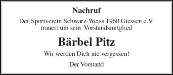 Traueranzeige von Bärbel Pitz von  Gießener Anzeiger