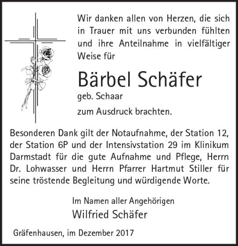  Traueranzeige für Bärbel Schäfer vom 09.12.2017 aus Trauerportal Echo Online