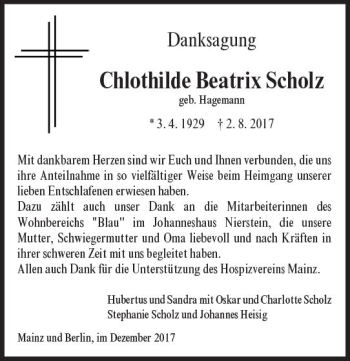 Traueranzeige von Chlothilde Beatrix Scholz von Trauerportal Rhein Main Presse