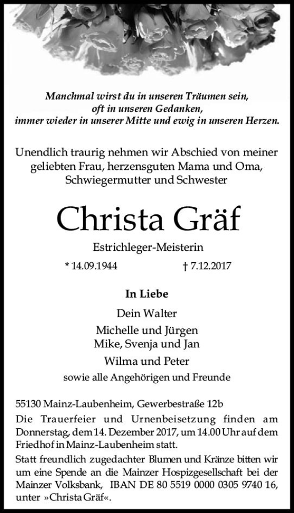  Traueranzeige für Christa Gräf vom 09.12.2017 aus Trauerportal Rhein Main Presse