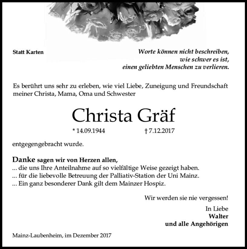  Traueranzeige für Christa Gräf vom 23.12.2017 aus Trauerportal Rhein Main Presse