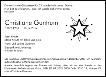 Traueranzeige von Christiane Guntrum von Trauerportal Rhein Main Presse