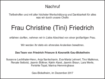 Traueranzeige von Christine Friedrich von Trauerportal Rhein Main Presse