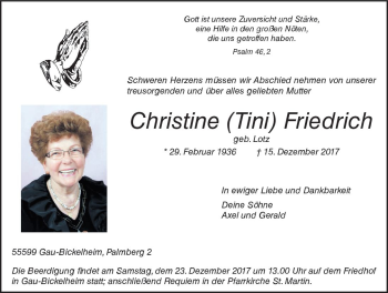 Traueranzeige von Christine Friedrich von Trauerportal Rhein Main Presse