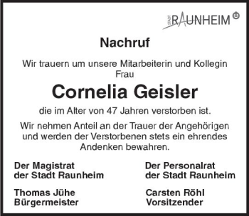 Traueranzeige von Cornelia Geisler von Trauerportal Rhein Main Presse