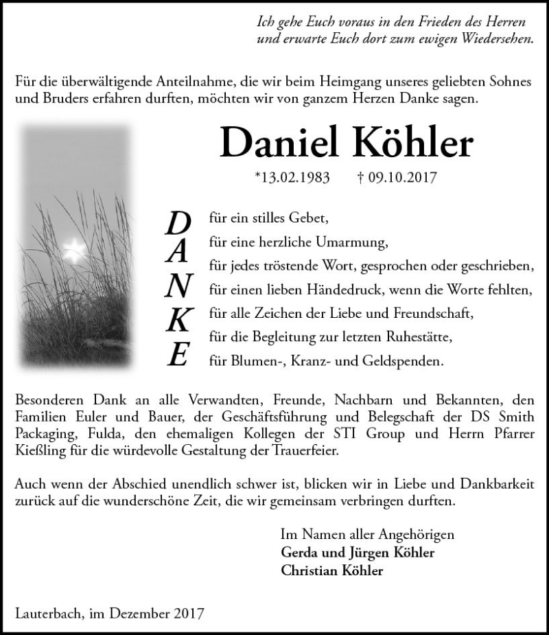  Traueranzeige für Daniel Köhler vom 30.12.2017 aus  Lauterbacher Anzeiger