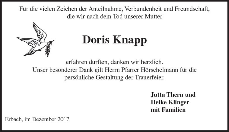  Traueranzeige für Doris Knapp vom 09.12.2017 aus Trauerportal Echo Online