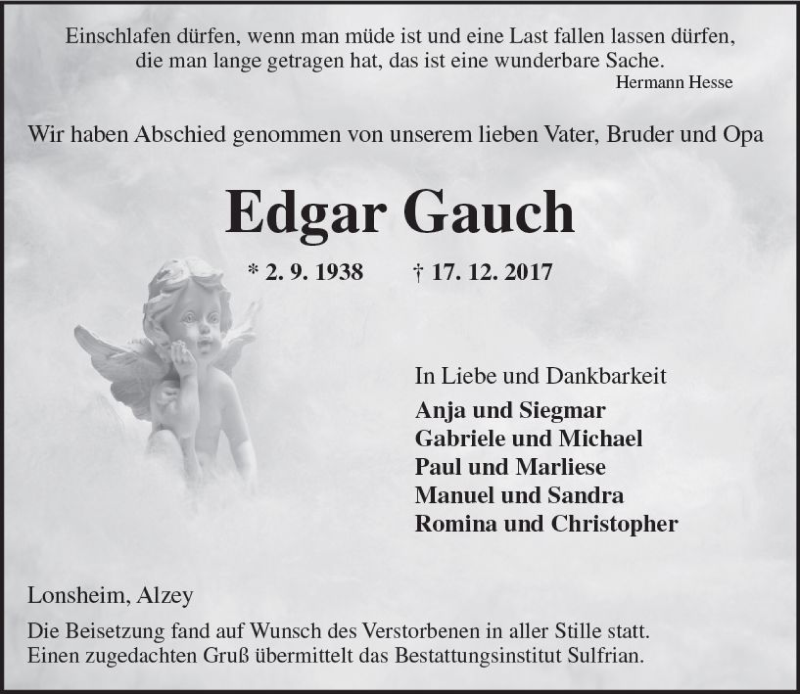  Traueranzeige für Edgar Gauch vom 23.12.2017 aus Trauerportal Rhein Main Presse