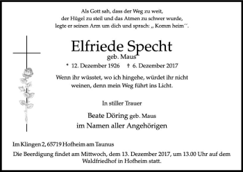 Traueranzeige von Elfriede Specht von Trauerportal Rhein Main Presse